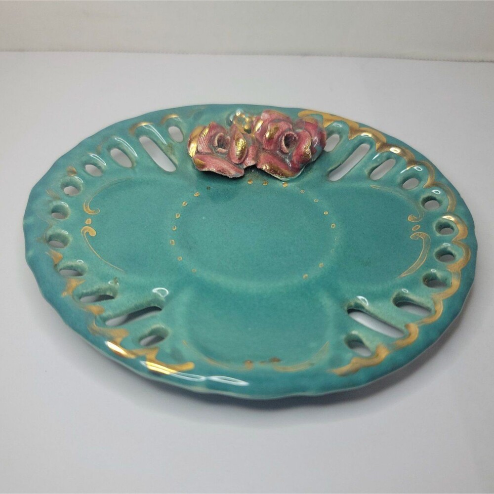 Vinrage Small Ceramic Teal Rose Trinket Dish With Gold Detail